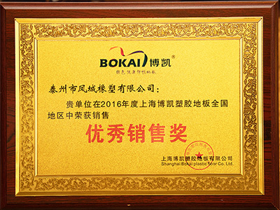 鳳城橡塑-2016年度上海博凱塑膠地板全國銷售優秀銷售獎證書